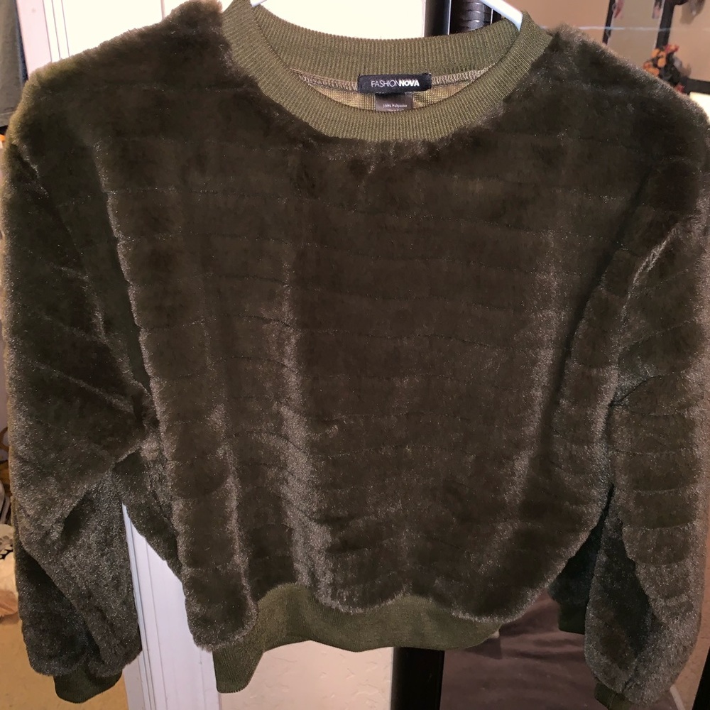Olive top Faux Fur sweater